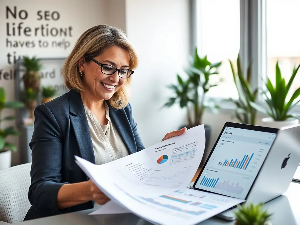 A South African business owner receiving a report with positive growth metrics, looking pleased and relieved, symbolizing the impact of effective content marketing.