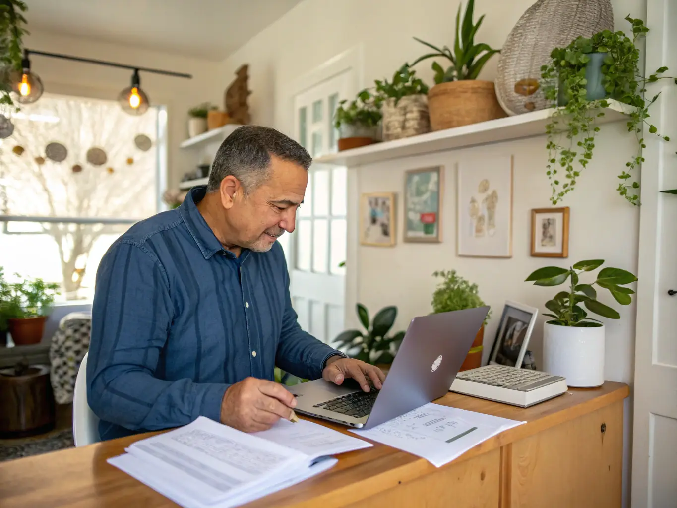 A professional South African small business owner reviewing content analytics on a laptop, smiling confidently, with a modern office background.