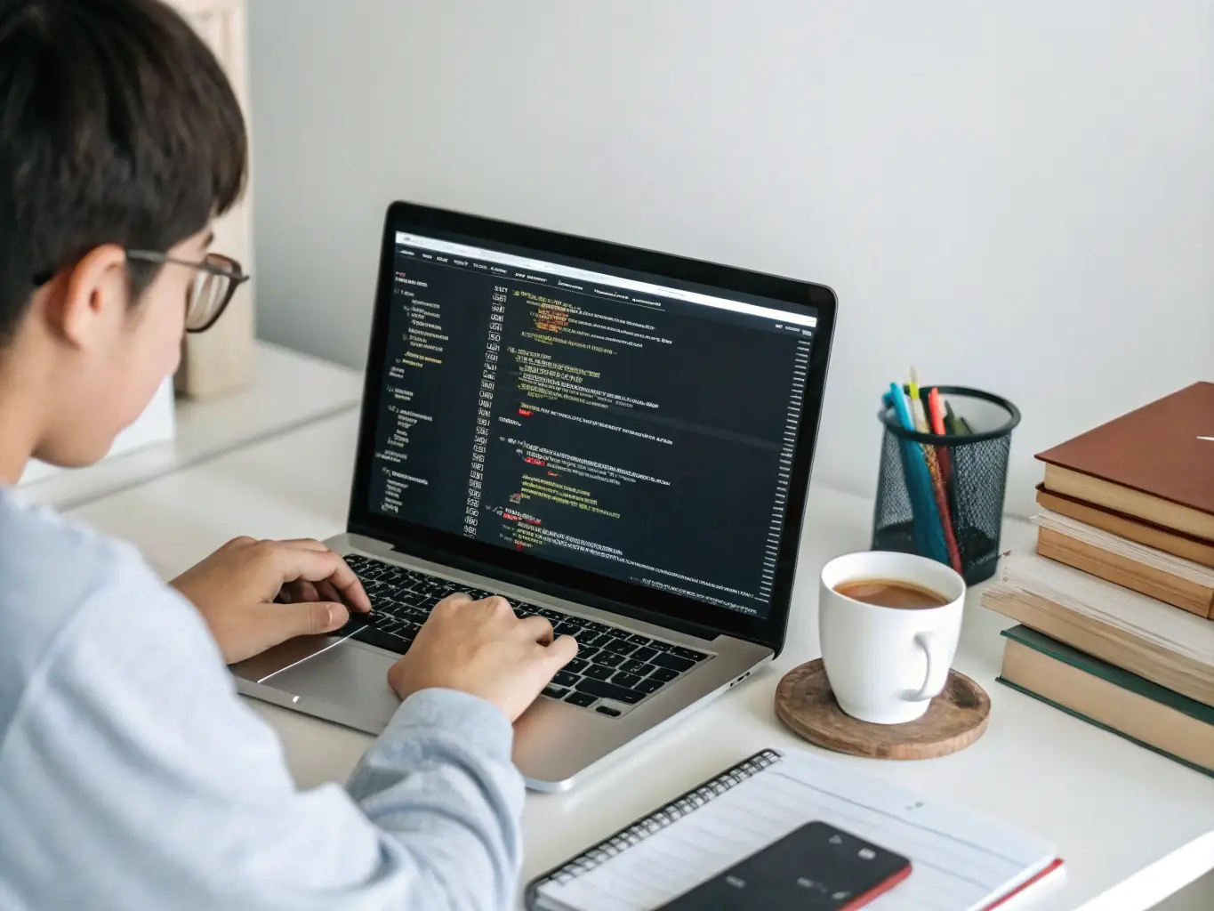 An image of a content creator working on a laptop with AI-generated content on the screen, representing Prompt Packs & Content Creation services.