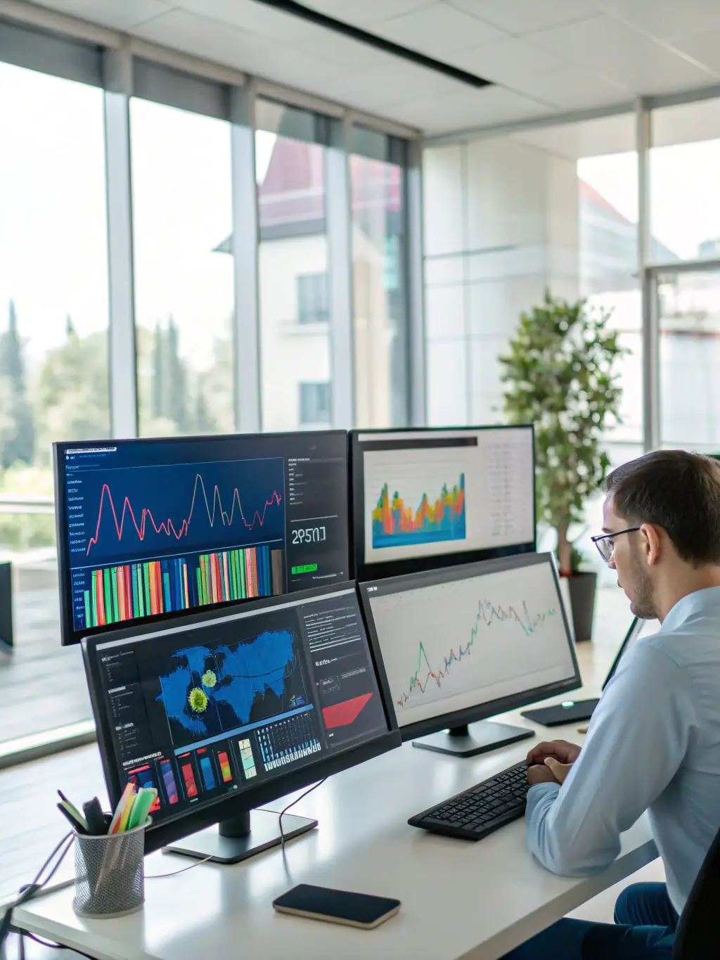 A professional workspace with AI tools displayed on multiple screens, showcasing Smack Media's AI Integration & Automation service.