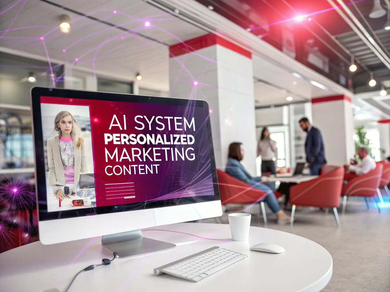 A creative image depicting AI generating high-quality content, with various content formats and prompt examples displayed.