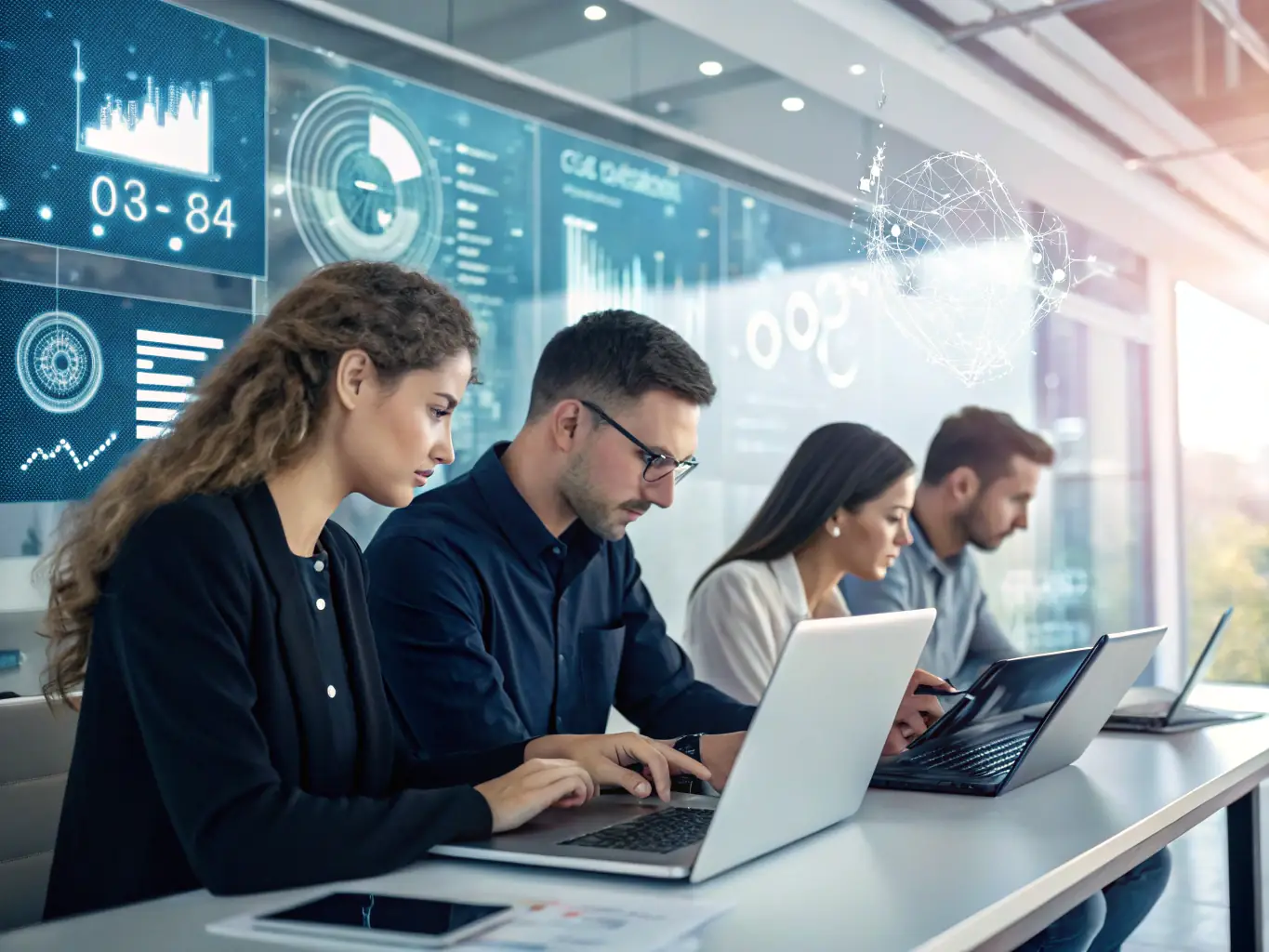 An image showing a business team collaborating with AI dashboards and automation tools on screens, representing AI Integration & Automation services.
