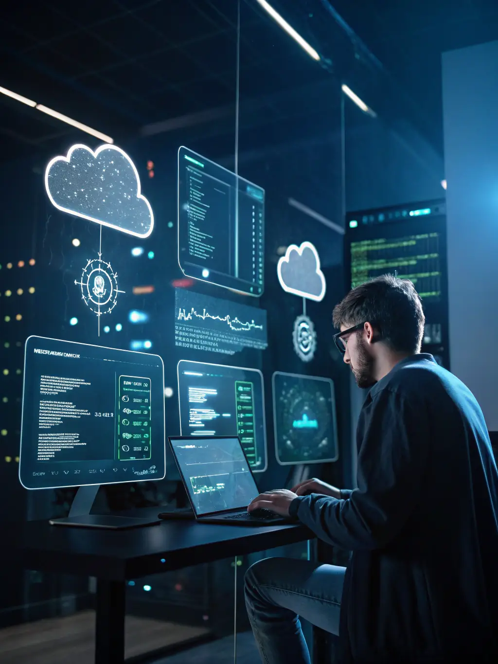 A futuristic image illustrating Custom GPT Development, showing a developer coding with AI model diagrams on the screen, emphasizing tailored AI solutions.