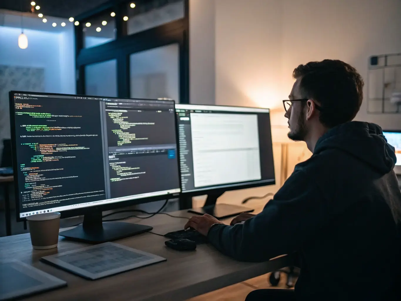 An image of a developer coding on a computer with AI model diagrams on the screen, representing Custom GPT Development services.