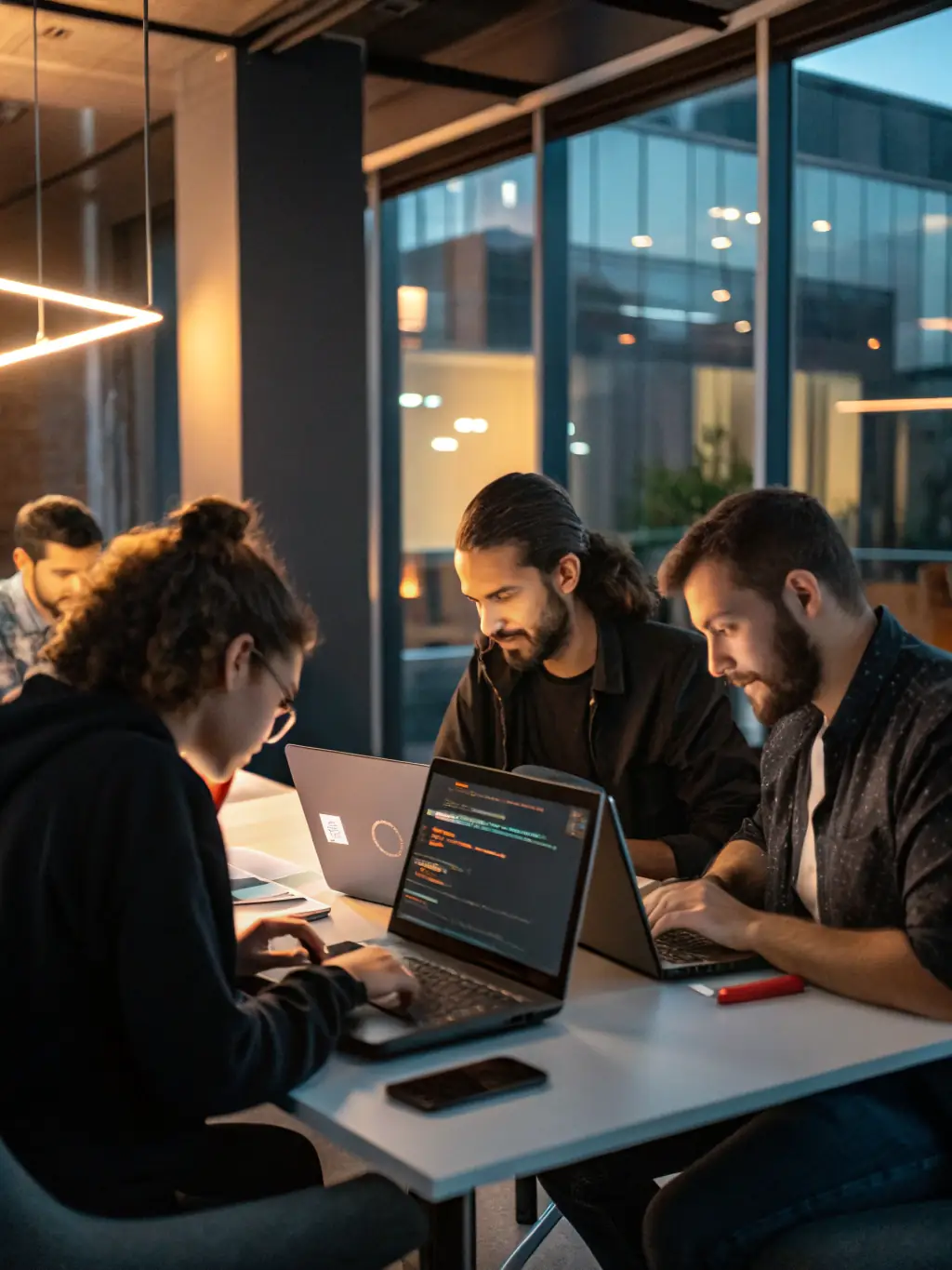A vibrant image showcasing AI Integration & Automation, with a business team collaborating using AI dashboards and automation tools on multiple screens, symbolizing enhanced productivity and streamlined workflows.