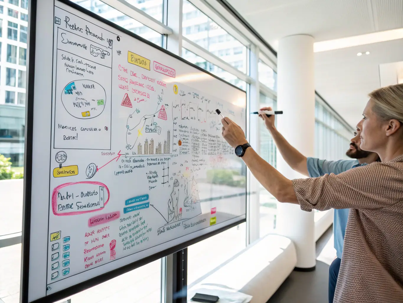 A dynamic whiteboard animation scene illustrating a business concept with hand-drawn elements and smooth transitions, showcasing Smack Media's Whiteboard Animation service.