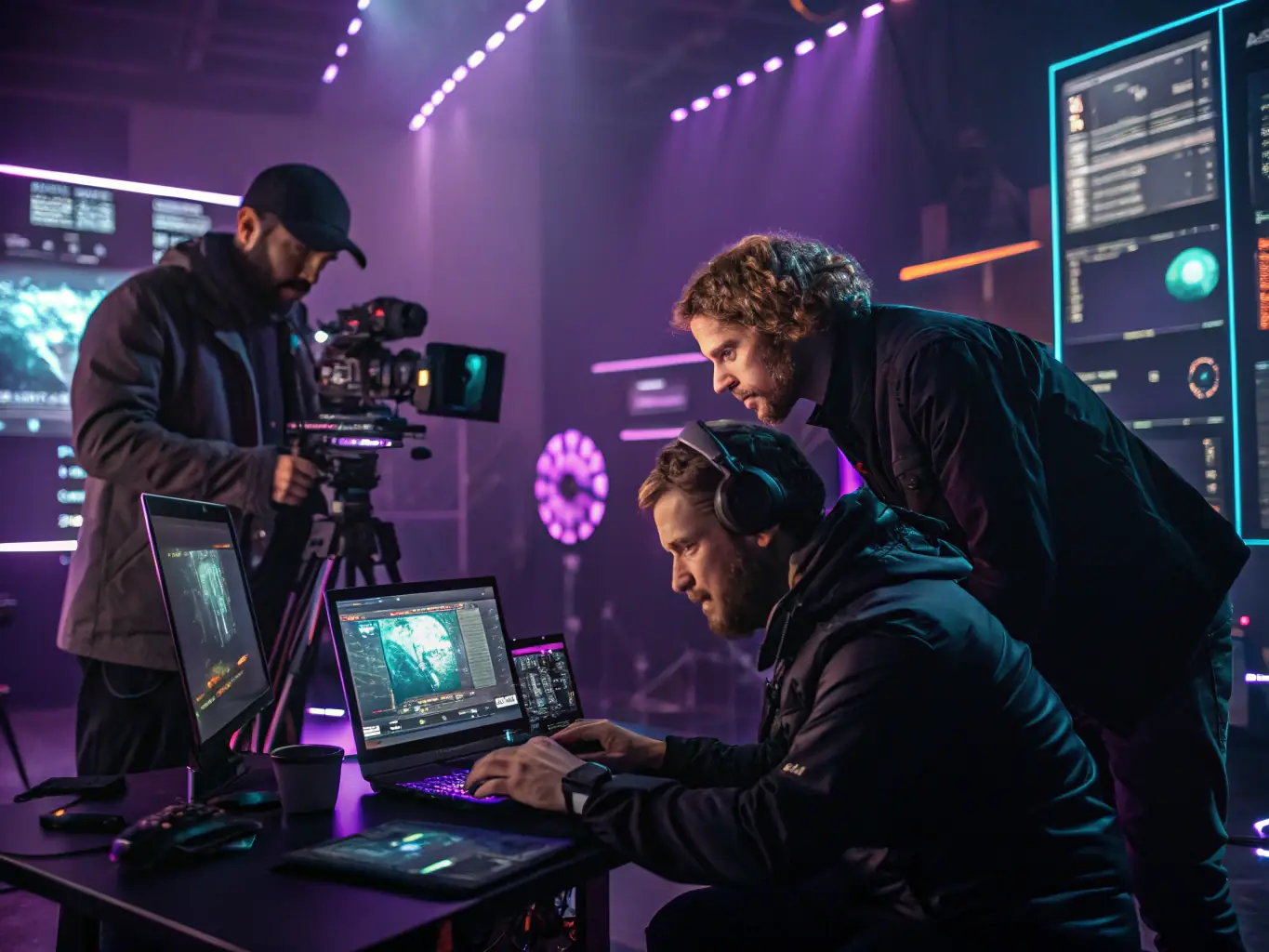 A dynamic 3D animated scene with floating elements and cinematic lighting, showcasing AI-powered video production for brand stories and campaigns.