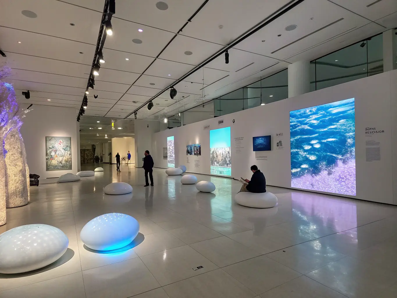 A polished 3D gallery wall with finished visuals and videos displayed on floating panels, illuminated by subtle neon accents, symbolizing the delivery and launch of final content for Smack Media clients.