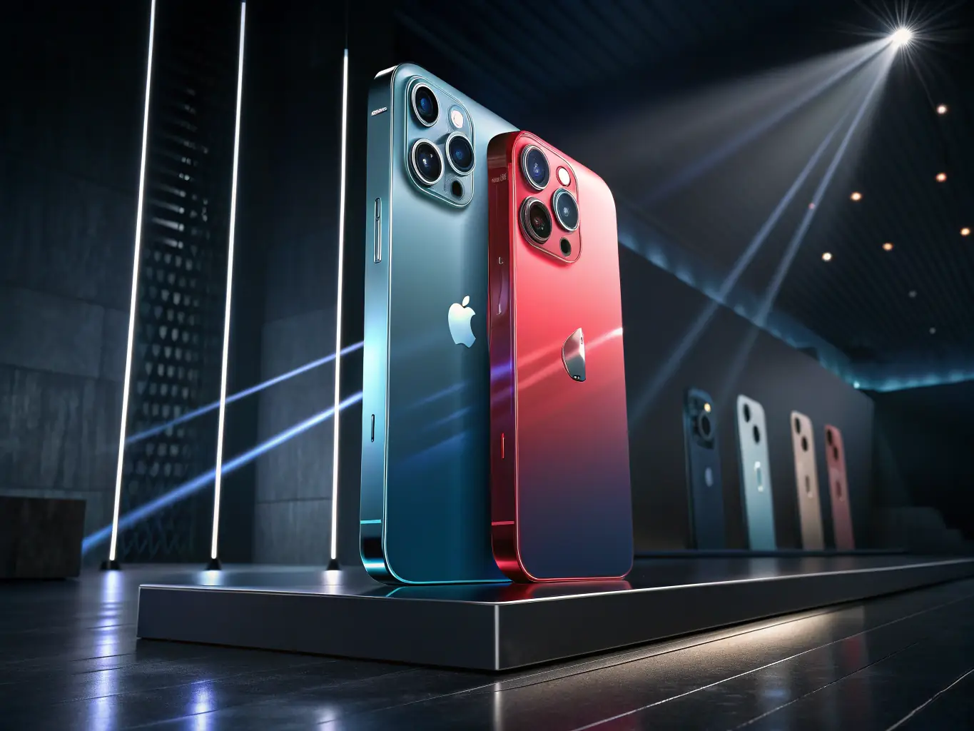 A cinematic, dark-toned 3D product scene with floating, hyper-realistic objects and dramatic lighting, showcasing an AI-generated product photo in a futuristic studio environment for a creative agency website.