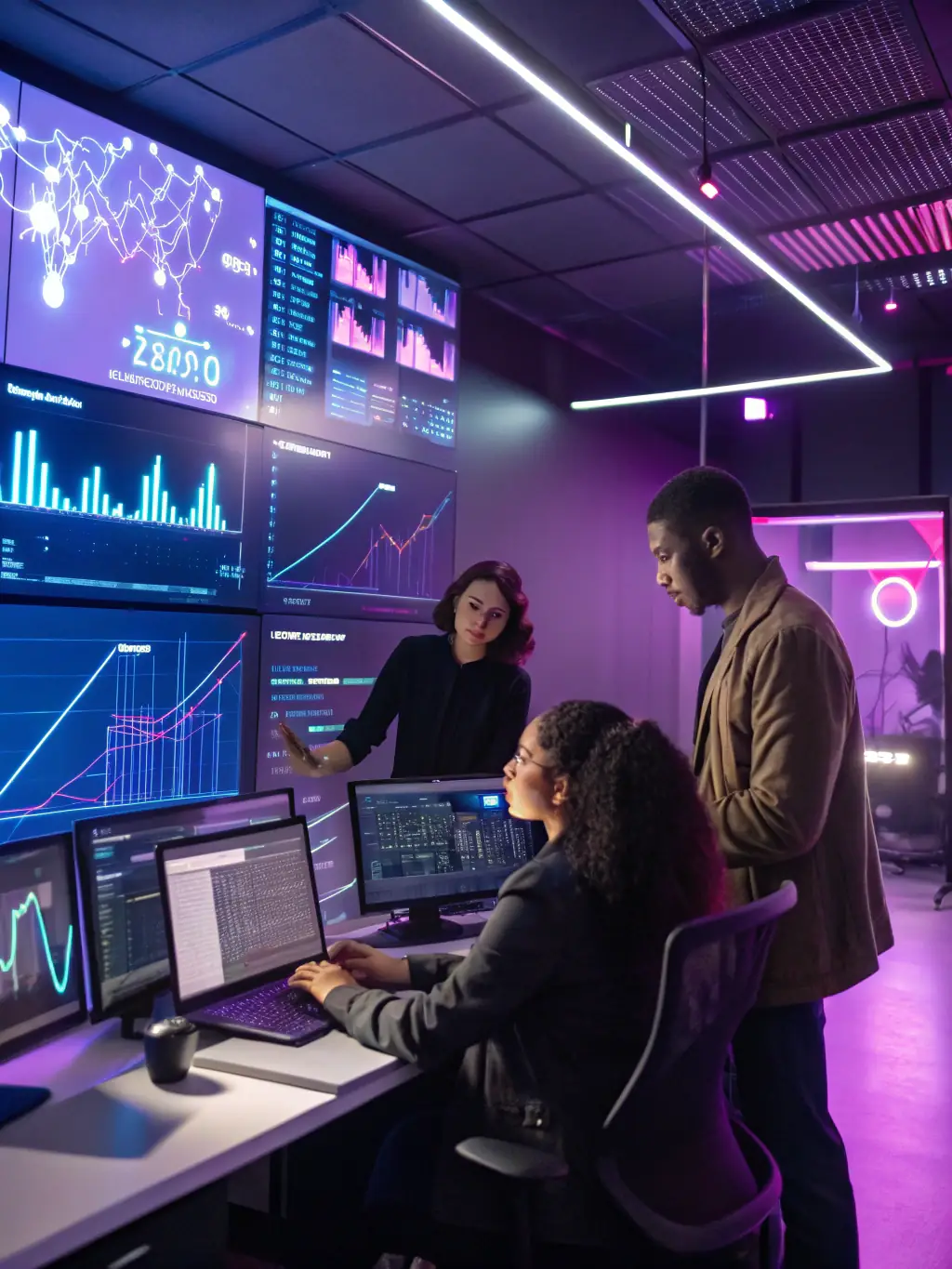 A futuristic workspace with multiple screens displaying a content calendar, analytics dashboards, and automated publishing tools, symbolizing the seamless delivery and optimization phase.