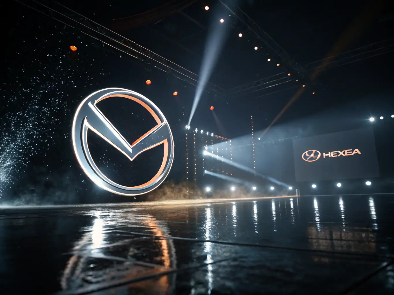 A cinematic video frame with dynamic 3D elements, glowing overlays, and a brand logo in motion, all set within a dark, immersive studio environment that highlights the power of AI video production.