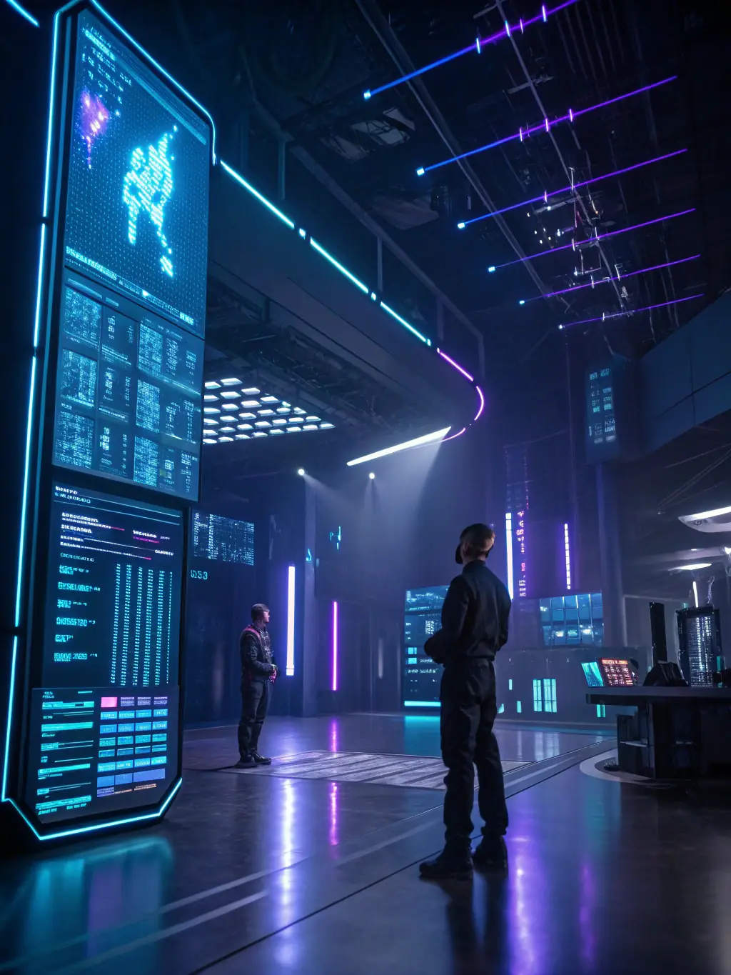 A floating 3D scene with dynamic camera movement, holographic overlays, and futuristic visual effects, illustrating an AI-generated video storyboard in progress.