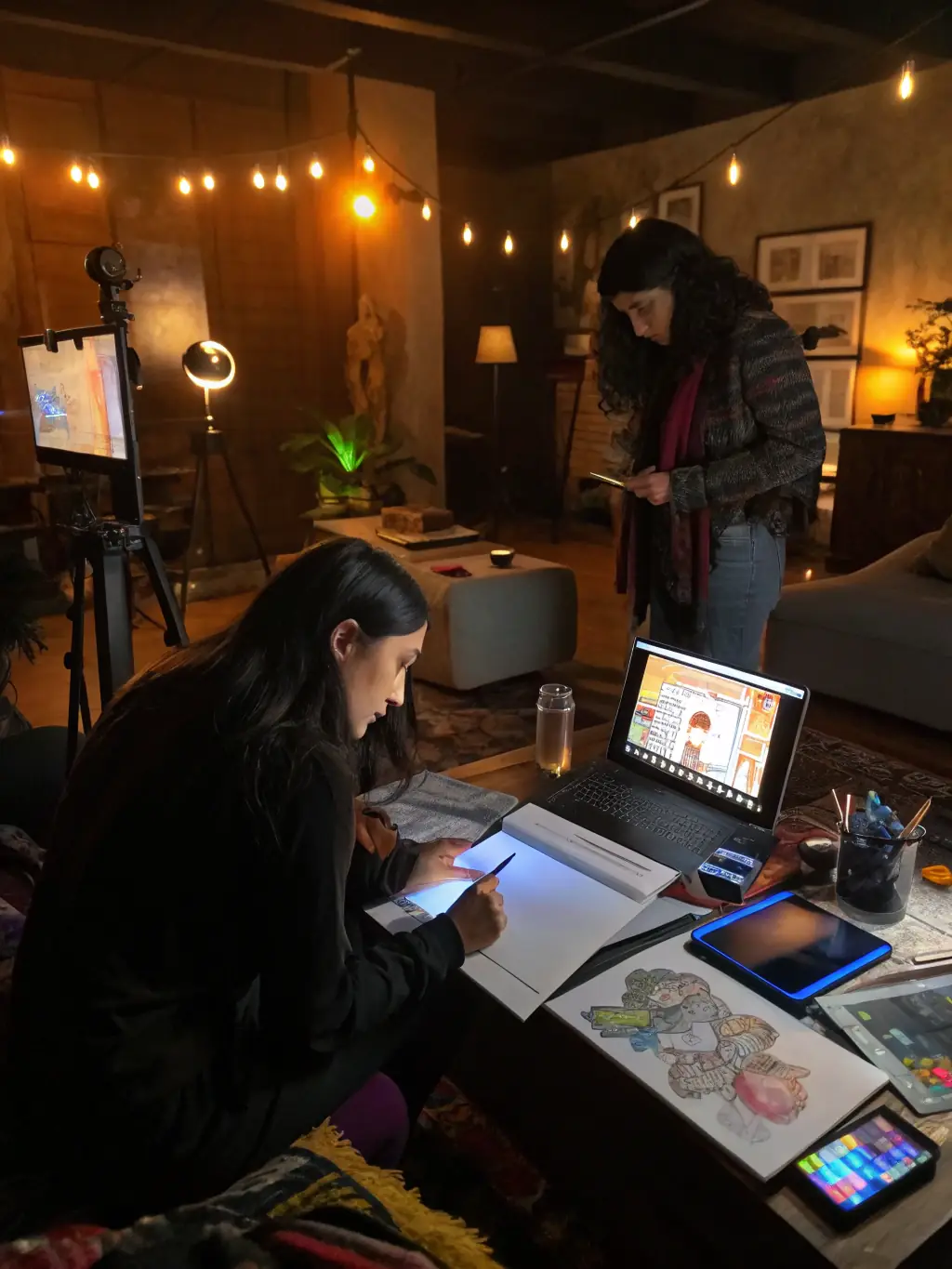 A cinematic, dark-toned image of Bruce, the AI Sherpa, sketching ideas on a digital tablet in a futuristic studio with floating 3D interface elements, representing the creative concept phase for Smack Media's content creation process.
