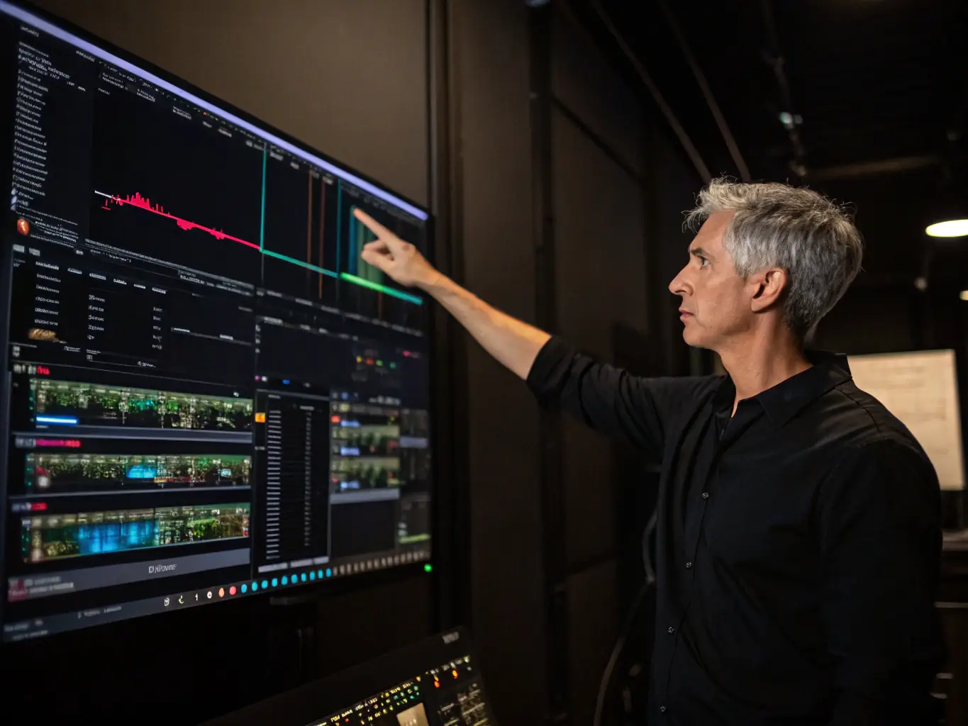 A cinematic, dark-toned image of a creative director (Bruce, the AI Sherpa) reviewing vibrant, futuristic 3D content on a floating holographic display in a sleek studio environment.