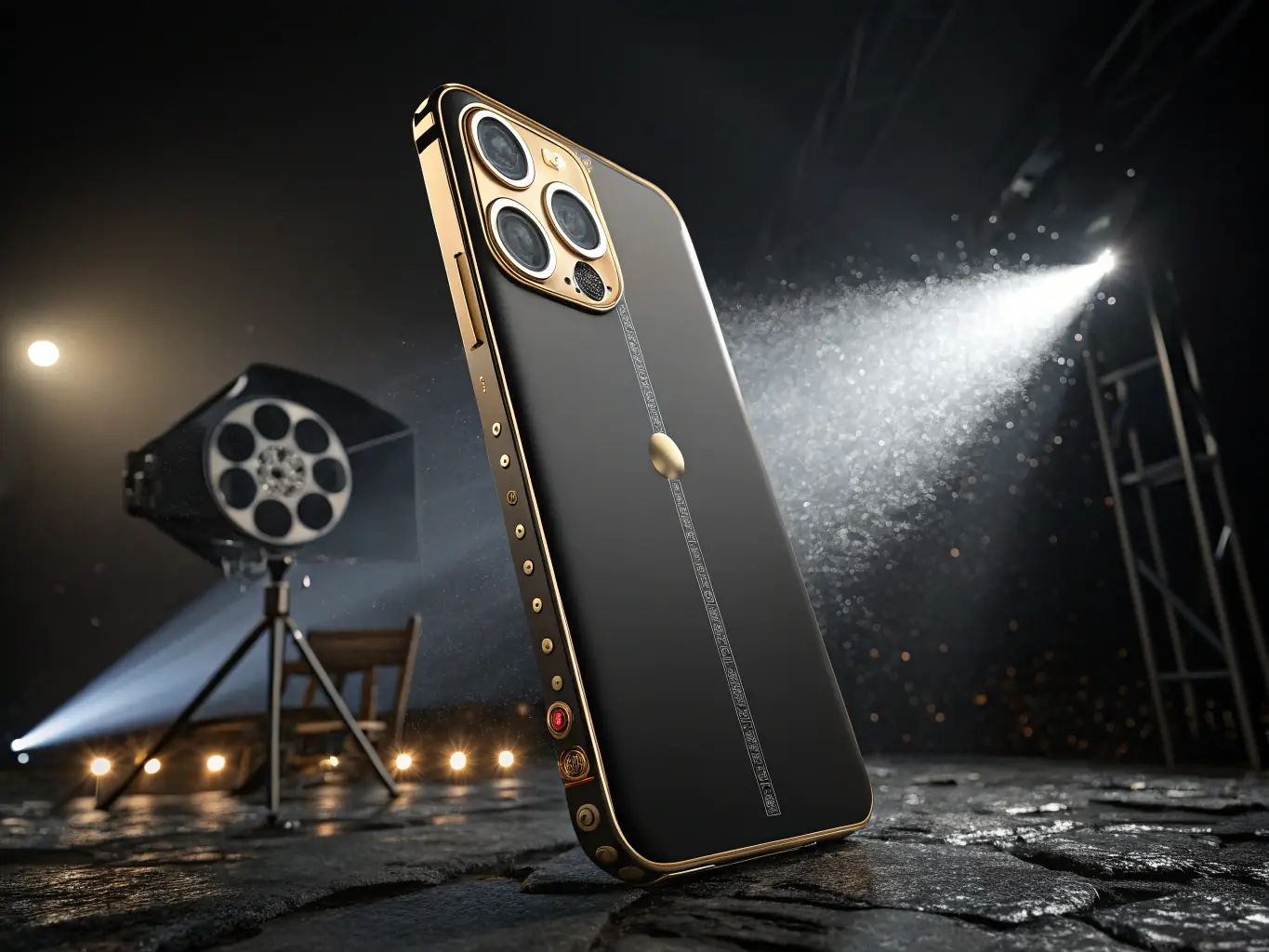 A hyper-realistic 3D product floating in a dark, cinematic environment with dramatic lighting and subtle neon accents, showcasing the result of advanced AI product photography for a luxury brand.