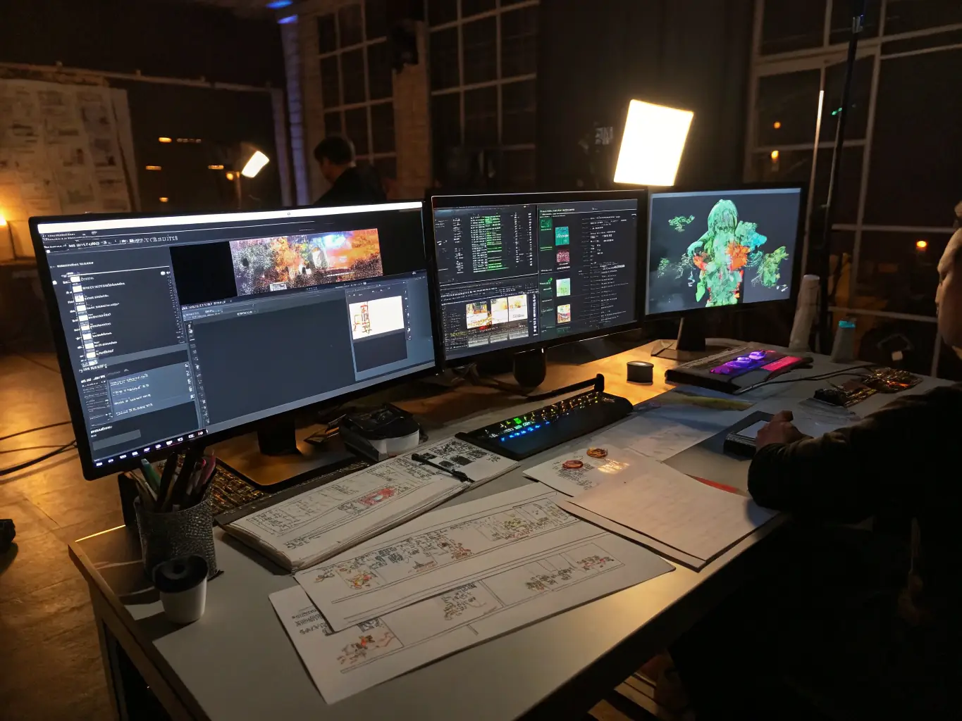 A visually rich 3D workspace with floating screens displaying AI-generated drafts, sketches, and animated previews, set against a dark, cinematic background, illustrating the concept development and AI-powered creation phase.