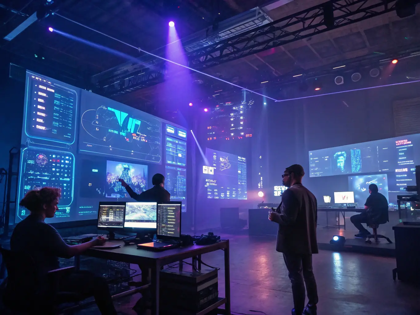 A sleek, cinematic video editing suite interface with layered 3D video frames, holographic controls, and dynamic light effects, representing AI-driven video production for a premium creative studio website.