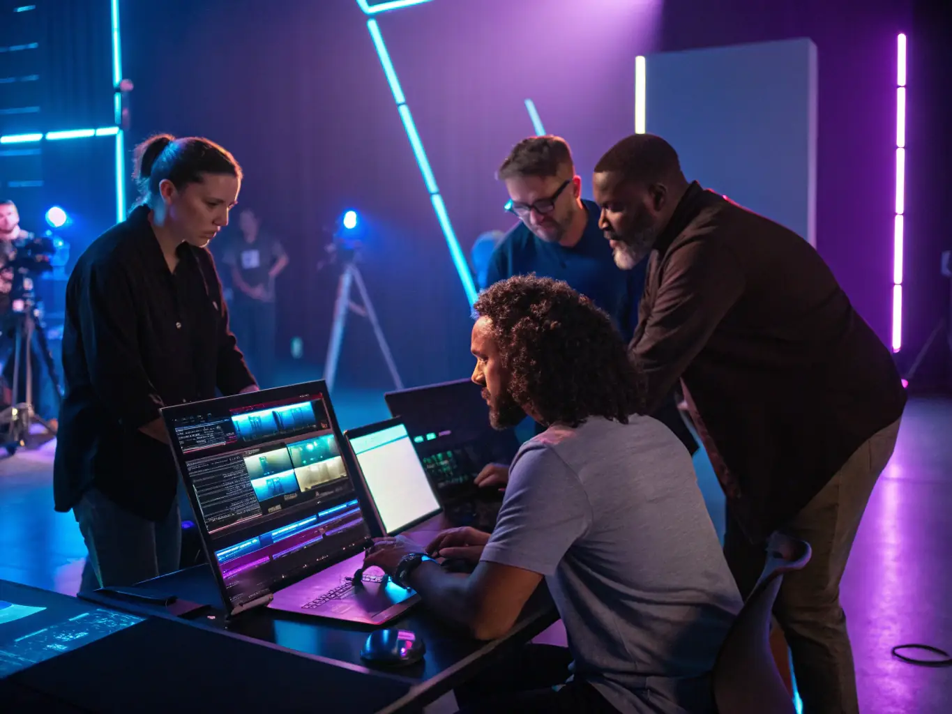 A visually immersive scene of a team collaborating around a glowing digital table, with bold 3D visuals and animated content elements floating above, set against a cinematic, dark background.