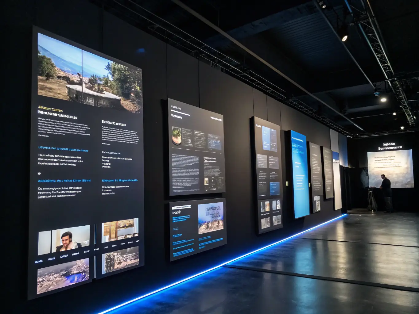 A premium, high-contrast image of a finished 3D portfolio gallery, featuring floating cards with dynamic lighting and parallax effects, showcasing diverse client work in a modern, cinematic setting.
