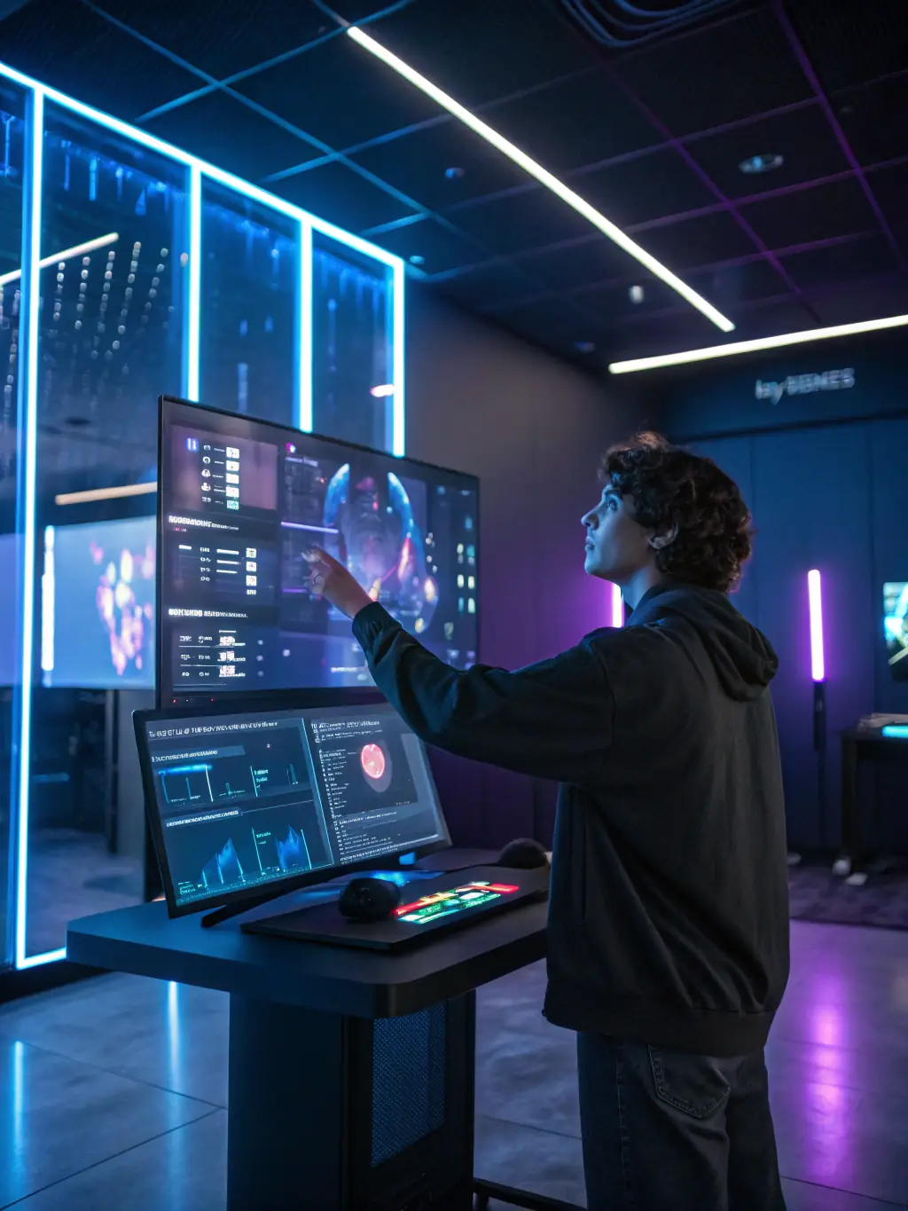 A visually immersive scene showing a 3D render in progress, with parallax effects and floating cards, highlighting the transformation from concept to polished visual assets in Smack Media’s workflow.