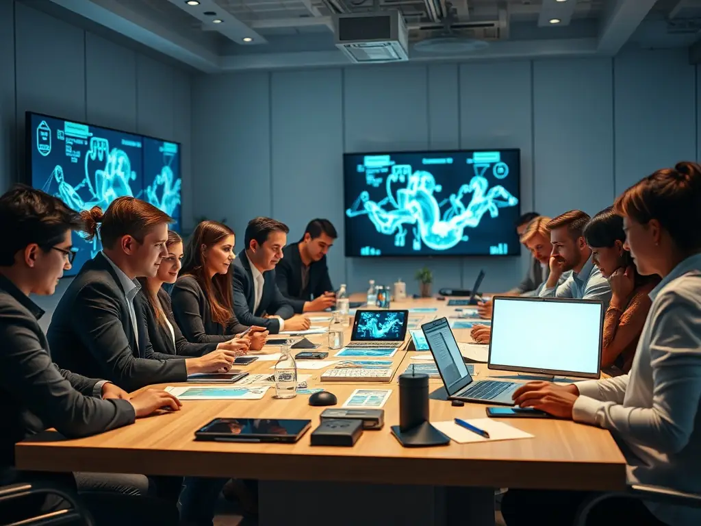 A cinematic 3D scene showing a creative team and client collaborating around a floating digital moodboard, with futuristic UI elements and soft, dramatic lighting, representing the project kickoff and discovery phase for Smack Media.