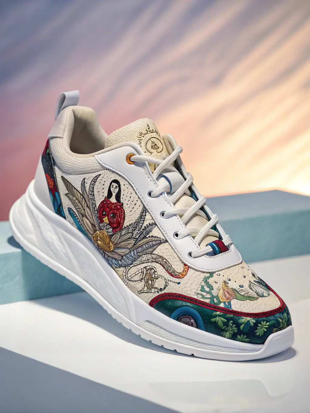 A sleek floating 3D product shot with dynamic lighting and futuristic effects, showcasing a high-end sneaker enhanced by AI-generated realism, set against a dark cinematic background.